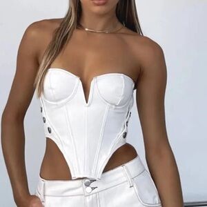 White Fox Boutique White Denim Strapless Corset Top with Buttons